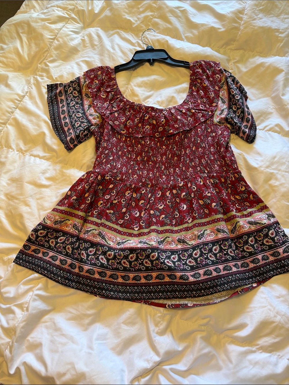 Maurices Red Floral Smocked Round-Neck Blouse with Paisley Border - Picture 6 of 7